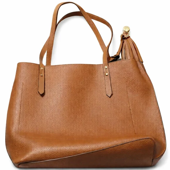 👜 Anne Klein Pebbled Leather Tote Bag • Tan / Cognac • Tassel Charm - Picture 2 of 10